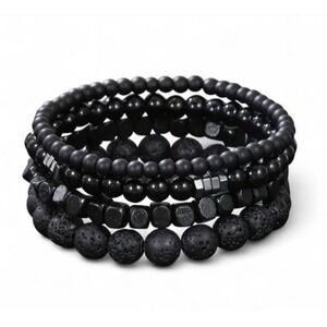 4 pcs Black Lava Stone‎ Goth Stretchy Punk Bracelet Set  Y2k Men Women Earthy